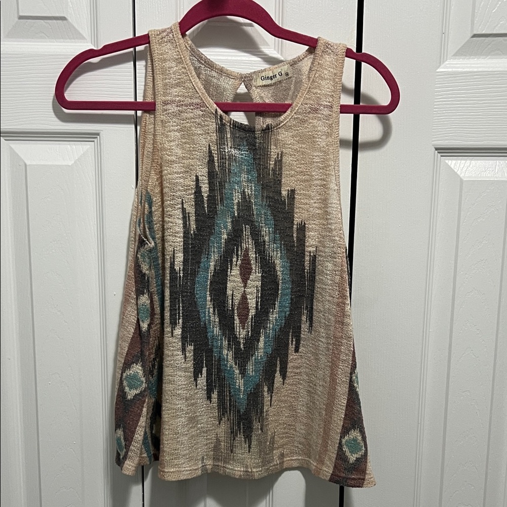 Ginger G Beige and Teal Patterned Tank Top